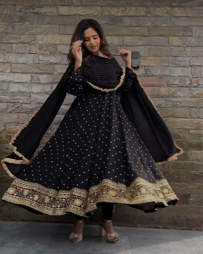 Black Georgette Sequence Work Anarkali Gown Dupatta Set 0f 2