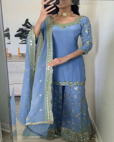 Powder Blue Sequence Embroidered Palazzo Suit Set