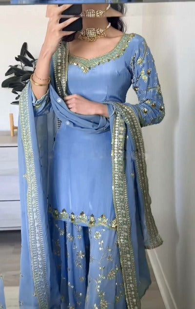 Powder Blue Sequence Embroidered Palazzo Suit Set