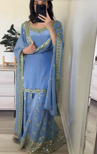 Powder Blue Sequence Embroidered Palazzo Suit Set