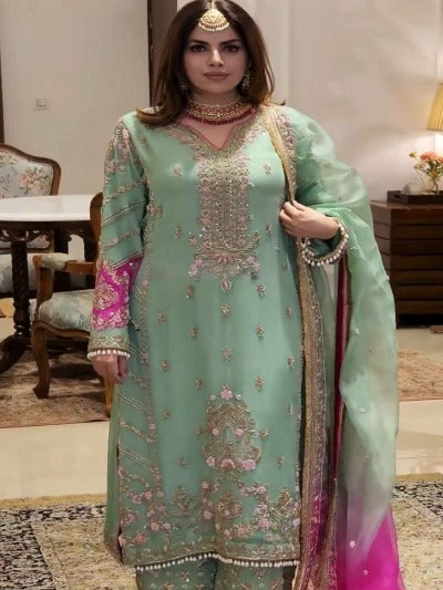 Pastel Green Designer Sequence Embroidered Palazzo Suit Set