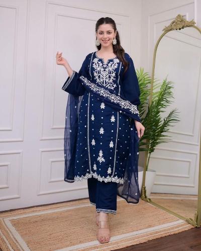 Navy Blue Embroidered Salwar Suit With Organza Dupatta