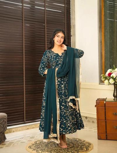 Stunning Teal Blue Embroidered Anarkali Suit Set