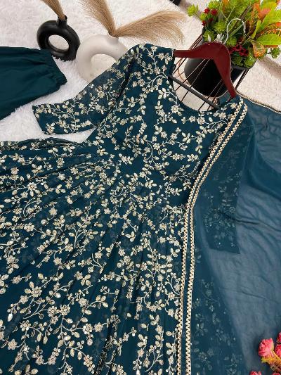 Stunning Teal Blue Embroidered Anarkali Suit Set