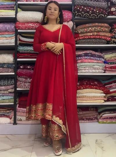 Red Embroidered Anarkali Gown with Palazzo and Dupatta