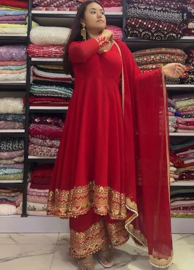 Red Embroidered Anarkali Gown with Palazzo and Dupatta