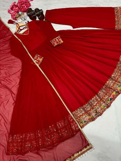 Red Embroidered Anarkali Gown with Palazzo and Dupatta