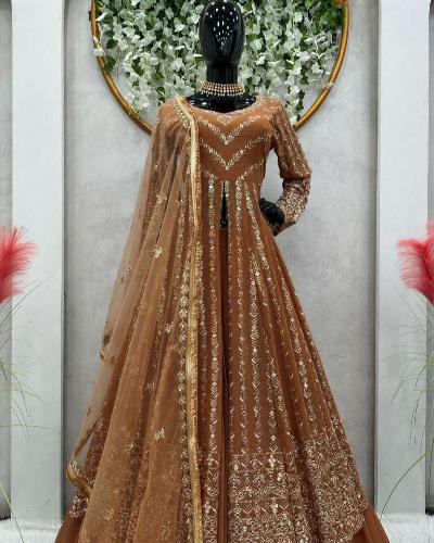 Brown Sequins Work Anarkali Gown Skirt Dupatta Set