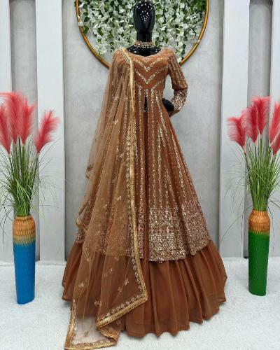 Brown Sequins Work Anarkali Gown Skirt Dupatta Set