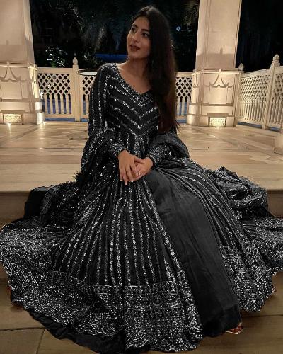 Black Sequins Work Anarkali Gown Skirt Dupatta Set