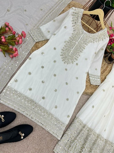 White Heavy Chinon Silk Embroidered Sharara Suit Set