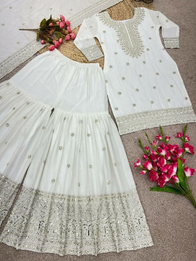 White Heavy Chinon Silk Embroidered Sharara Suit Set