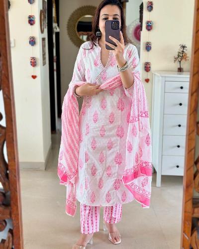 White & Pink Cotton Printed Salwar Suit Set