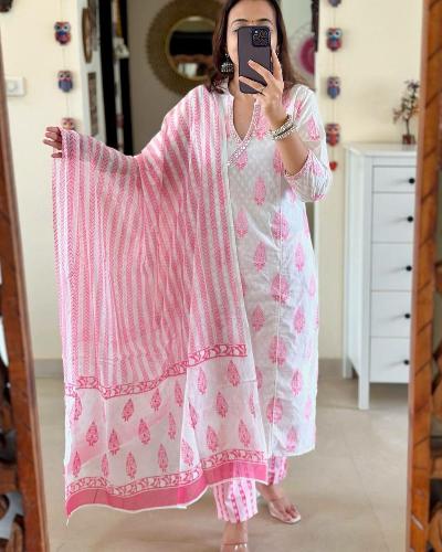 White & Pink Cotton Printed Salwar Suit Set