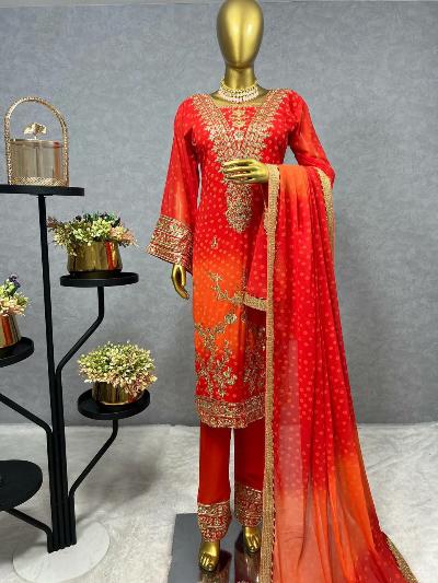 Orange Bell Sleeves Wedding Wear Straight Suit Set