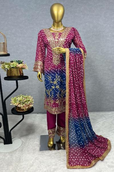 Purple & Pink Bell Sleeves Wedding Wear Straight Suit Set