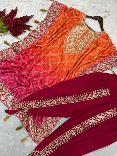 Orange Pink Festive Kaftaan Dhoti Pant Set Of 2