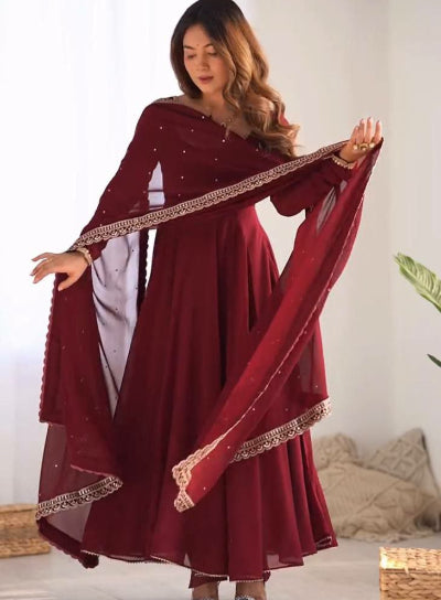 Burgandy Georgette Plain Embroidered Anarkali Suit Set