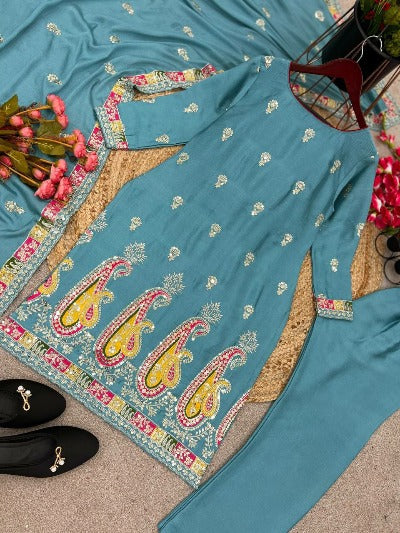 Sky Blue Chinnon Silk Heavy Embroidered Salwar Suit Set