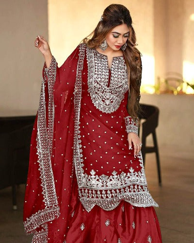 Burnt Red Georgette Heavy Embroidered Gharara Suit Set