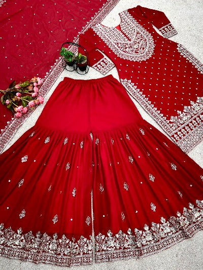 Burnt Red Georgette Heavy Embroidered Gharara Suit Set