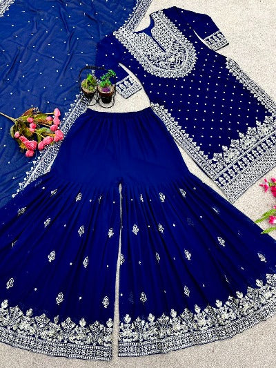 Navy Blue Georgette Heavy Embroidered Gharara Suit Set