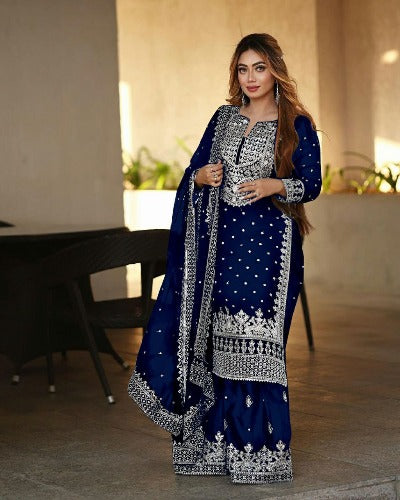 Navy Blue Georgette Heavy Embroidered Gharara Suit Set