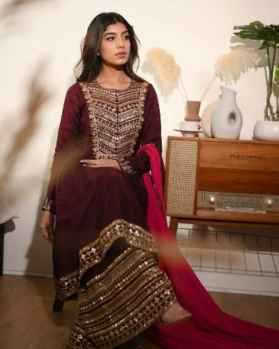 Maroon Anarkali Set With Contrasting Red Dupatta