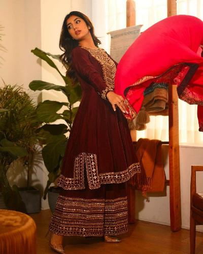 Maroon Anarkali Set With Contrasting Red Dupatta