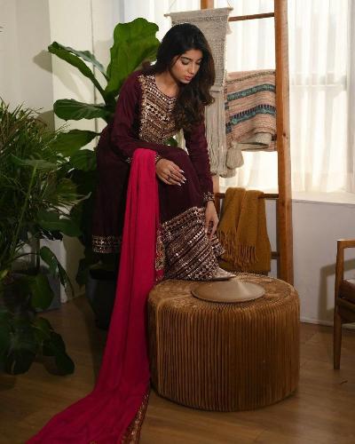 Maroon Anarkali Set With Contrasting Red Dupatta