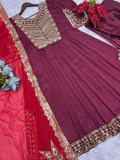 Maroon Anarkali Set With Contrasting Red Dupatta