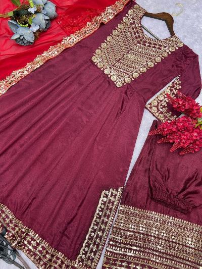 Maroon Anarkali Set With Contrasting Red Dupatta