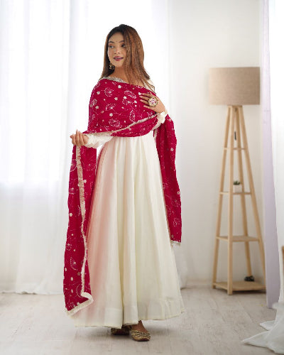 White Vichitra Silk Flair Anarkali Set With Red Dupatta