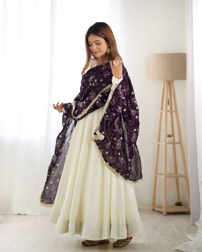 White Vichitra Silk Flair Anarkali Set With Purple Dupatta