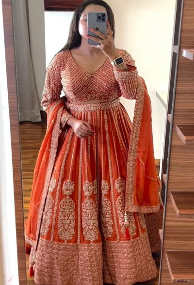 Orange Heavy Wedding Wear Lehenga Choli Set