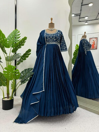 Turquoise Blue Thread Mirror Work Anarkali Dupatta Set Of 2