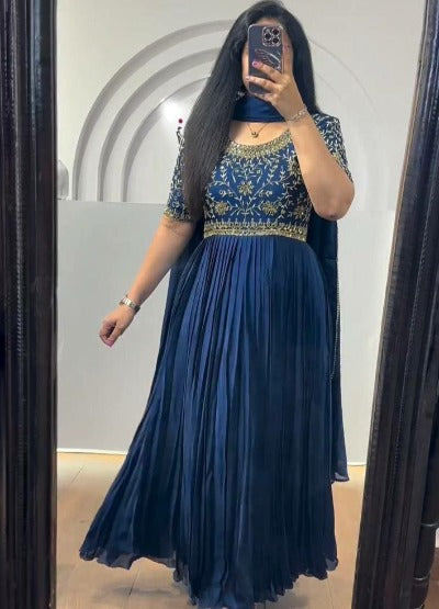 Turquoise Blue Thread Mirror Work Anarkali Dupatta Set Of 2