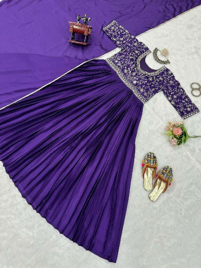 Purple Thread Mirror Work Anarkali Dupatta Set Of 2