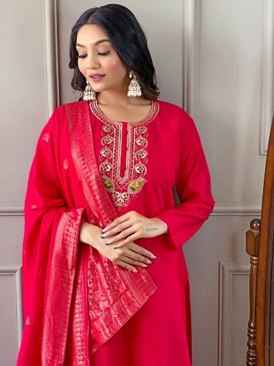 Dark Pink Chanderi Embroidered Salwar Suit Set