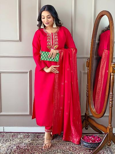 Dark Pink Chanderi Embroidered Salwar Suit Set