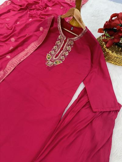 Dark Pink Chanderi Embroidered Salwar Suit Set