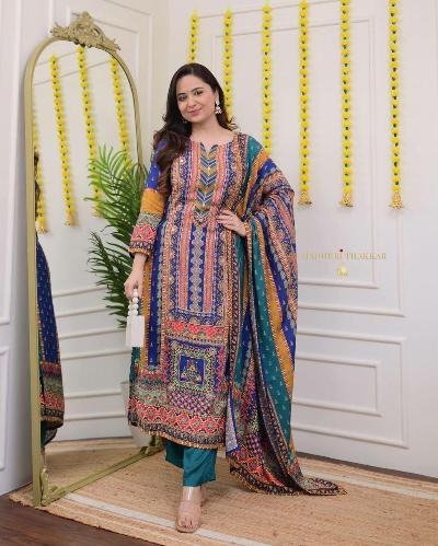 Vibrant Multicolored Muslin Silk Ethnic Suit Set