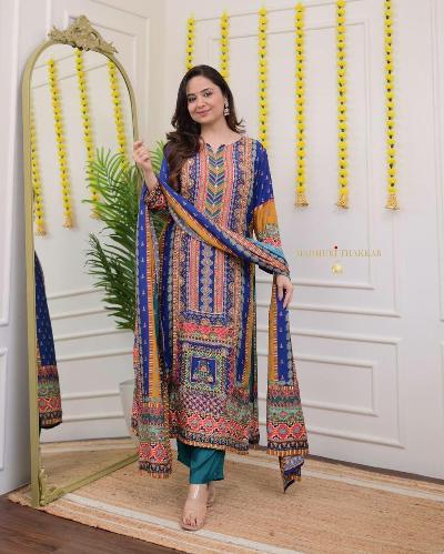 Vibrant Multicolored Muslin Silk Ethnic Suit Set