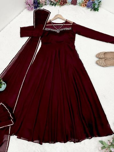 Burgandy Vichitra Silk Beautiful Anarkali Suit Set