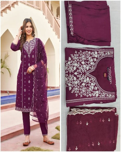 Viscous Roman Silk Embroidery Work Salwar Suit Set