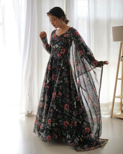 Black Organza Tabby Silk Floral Anarkali Suit Set