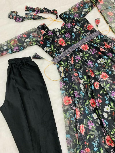 Black Organza Tabby Silk Floral Anarkali Suit Set