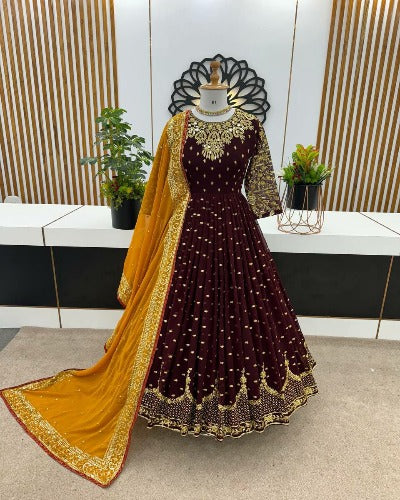 Coffee Brown Georgette Anarkali Gown With Yellow Dupatta 2Pc
