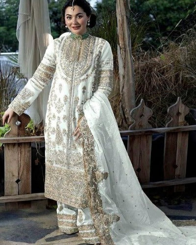White Georgette Heavy Sequenced Embroidered Straight Suit Set