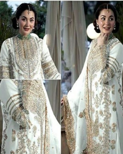 White Georgette Heavy Sequenced Embroidered Straight Suit Set